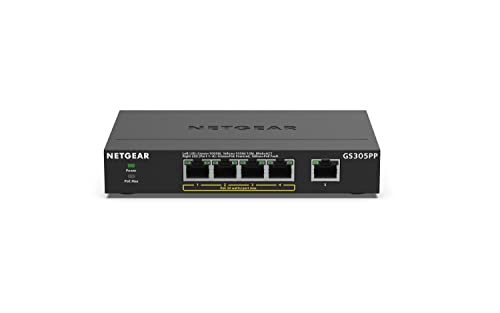 Netgear GS305PP 5-Port Gigabit Ethernet LAN PoE Switch Unmanaged (mit 4x PoE 83W, für Desktop, robustes und lüfterloses Metallgehäuse)