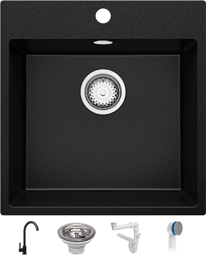 Spülbecken Schwarz 48x50 cm, Granitspüle 1 Becken + Ablauf-Set + Küchenarmatur, Küchenspüle ab 50er Unterschrank, Einbauspüle von Primagran