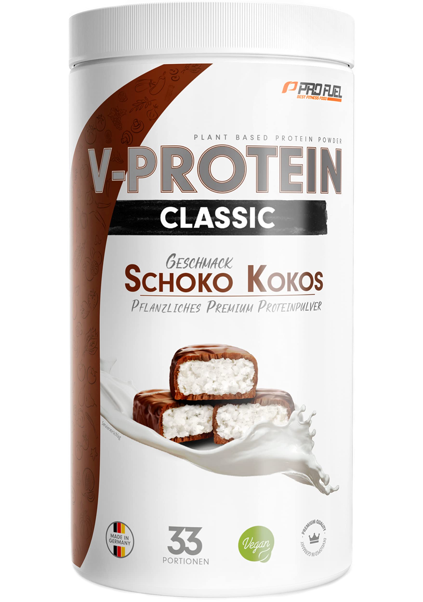 Vegan Protein Pulver SCHOKO-KOKOS 1kg - V-PROTEIN - Pflanzliches Eiweißpulver auf Erbsenprotein-Basis mit 71% Eiweiß-Gehalt - optimale Protein-Wertigkeit - veganer Protein-Shake ohne Soja & Weizen