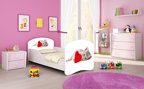 Kinderbett Jugendbett Komplett mit einer Schublade und Matratze Lattenrost Weiß ACMA I (140x70 cm, 40 Katze mit Herz)