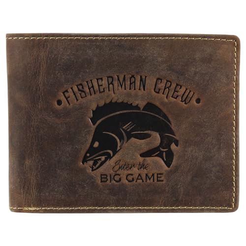 Greenburry Vintage Fisherman Crew Leder Geldbörse Portemonnaie Geldbeutel Portmonee BV-1796-FC-PikePerch Zander Fisch Angler, Farbe:Braun