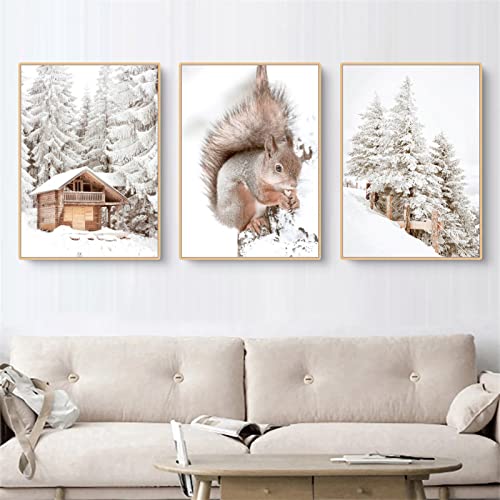 Martin Kench 3er Poster Set, Winter-Schneelandschaft Bilder, Eichhörnchen, Kiefer, Elch, Wald Wandbilder Modern Wanddeko für Wohnzimmer, ohne Rahmen (A,50x70cm)