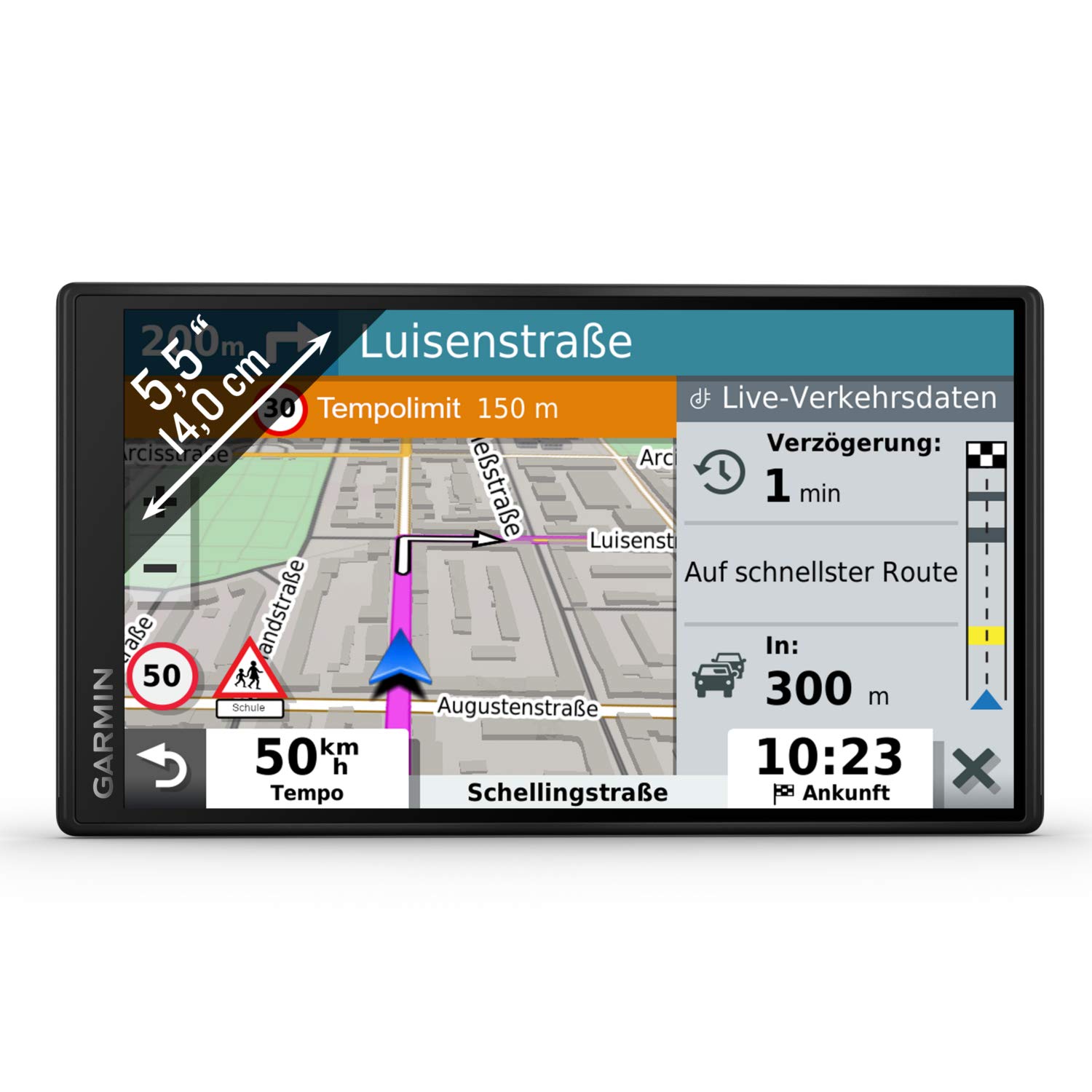 Garmin DriveSmart 55 MT-S EU – Navigationsgerät mit 5,5“ (14 cm) Farbdisplay, vorinstallierten 3D-Karten für Europa (46 Länder), Live Traffic via Garmin Drive App, Sprachsteuerung & Fahrerassistenz