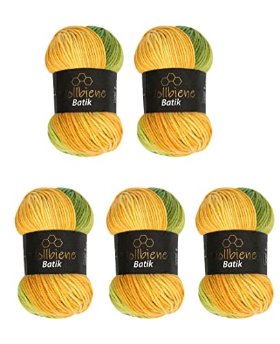 5 x 100g Wollbiene Batik 500 Gramm Wolle mit Farbverlauf mehrfarbig Multicolor Strickwolle Häkelwolle (1430 grün gelb orange)