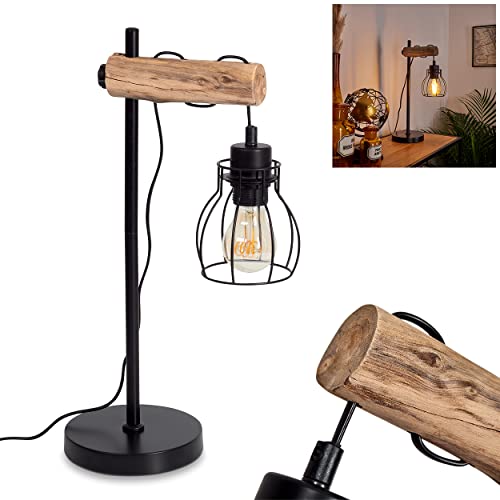 Tischleuchte Gondo aus Metall/Holz in Schwarz/Natur, Retro Tischlampe mit höhenverstallbarem Schirm, E27, Lampe für Büro u. Schreibtisch mit Lichteffekt durch Schirm in Gitter-Optik, ohne Leuchtmittel