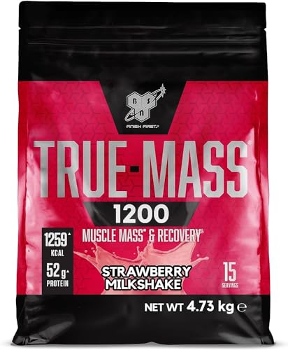 BSN True Mass 1200 Weight Gainer Eiweißmischung Pulver (enthält Whey, Casein, Glutamin und Kohlenhydrate (Hafermehl), Protein Shake von BSN) Strawberry Milkshake, 15 Portionen, 4,73kg