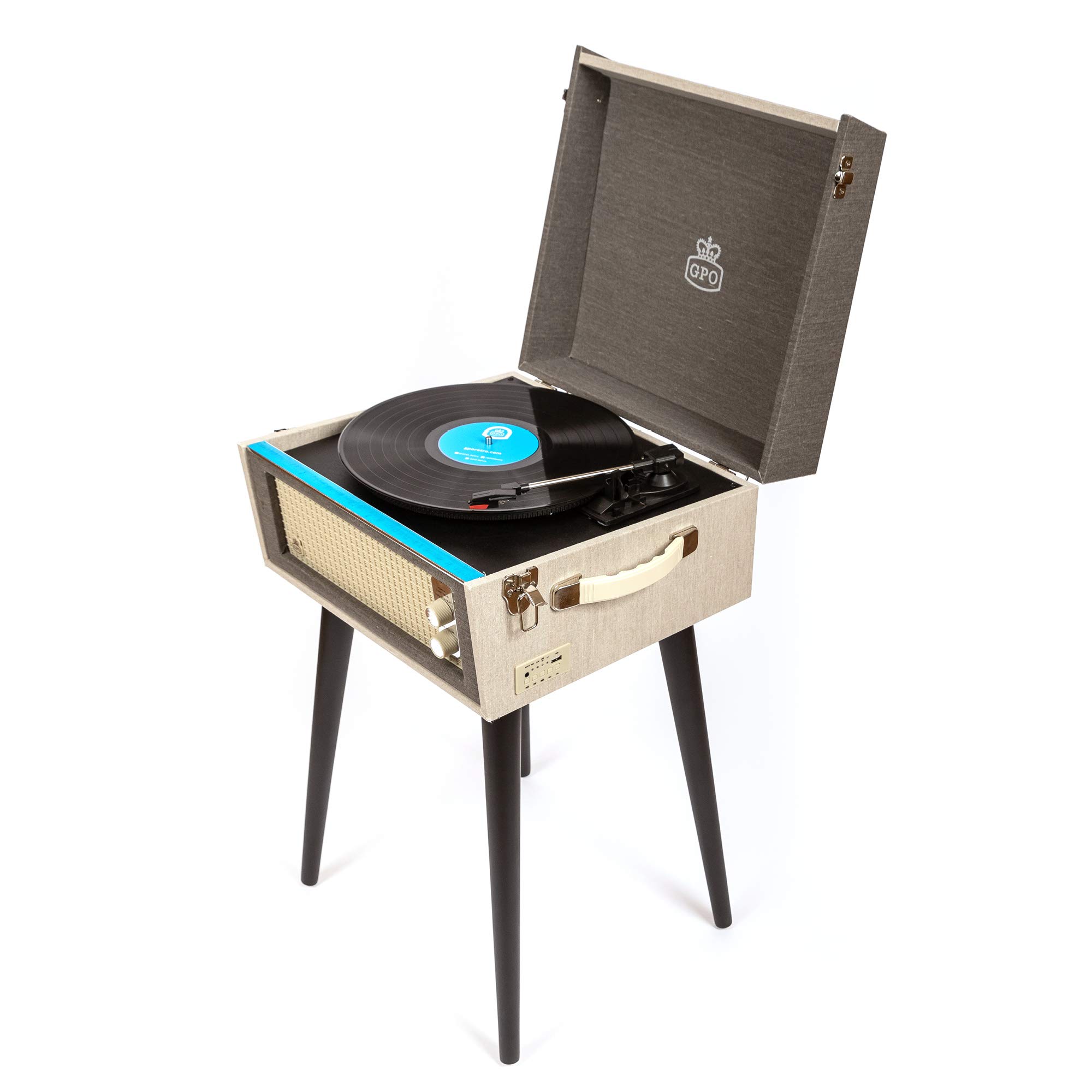 GPO Bermuda Plattenspieler; Klassischer Schallplattenspieler im Retro Stil mit MP3/USB; integriertem Lautsprecher, Grau