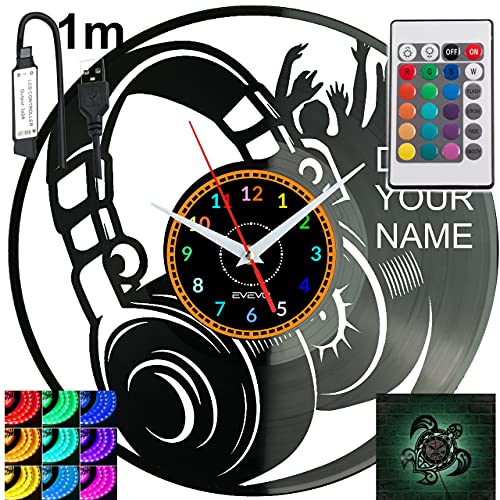 EVEVO DJ Nenne deinen Namen RGB LED Pilot Wanduhr für Fernbedienung Schallplatte Modern Dekorativ für Geburtstagsgeschenk Tolles Geschenk Uhr