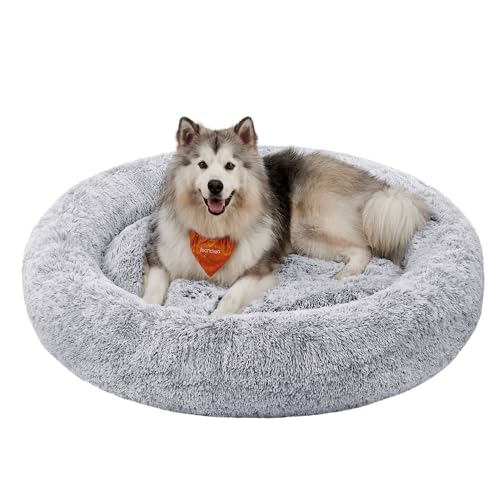 Feandrea Hundebett flauschig, Katzenbett, Donut Kissen, waschbar, Polsterung in der Mitte herausnehmbar, Langer Plüsch, 140 cm Durchmesser, Ombré-Grau PGW044G01