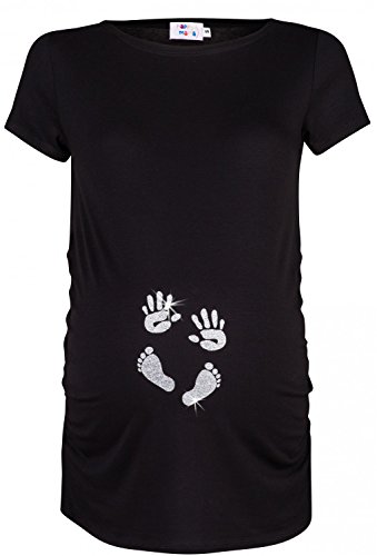Happy Mama. Damen Baby Hände Fußabdruck T-Shirt Top Oberteil Schwangere. 013p (Schwarz & Silber, EU 38/40, M)