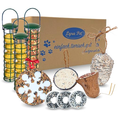 Lyra Pet® | Vogelfutter Starterpaket groß | 5 Vogelfutter Spezialitäten, Meisenknödel & Erdnusskerne mit Haut im Spender | Nährstoffreiches Vogelfutter für Sommer & Winter | Energie für Wildvögel