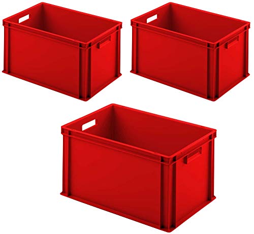 3x Euro-Stapelbehälter mit 2 Durchfassgriffen, LxBxH 600x400x320 mm, rot