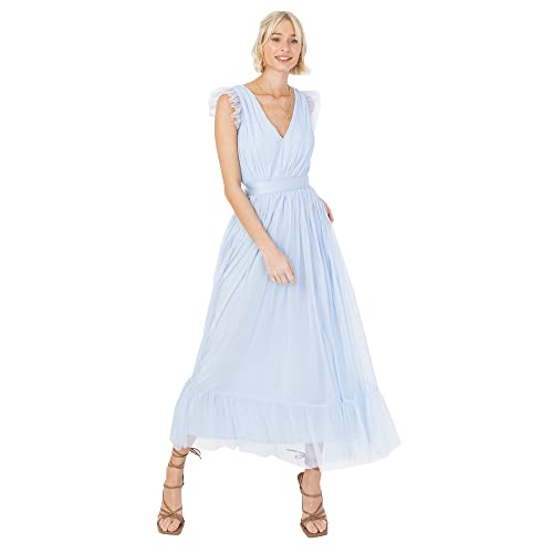 Anaya with Love Damen Ladies Maxi Dress for Women V Neckline Sleeveless Frilly for Wedding Guest Bridesmaid Prom Long High Empire Waist Tiered Kleid, Light Blue,