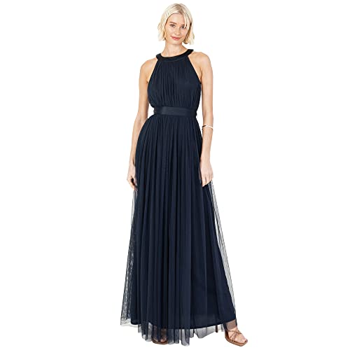 Anaya with Love Damen Ladies Maxi Dress for Women Halter Neck Long Sleeveless with Belt A Line Evening Gown Ball Prom Wedding Guest Bridesmaid Kleid, Navy Blue,