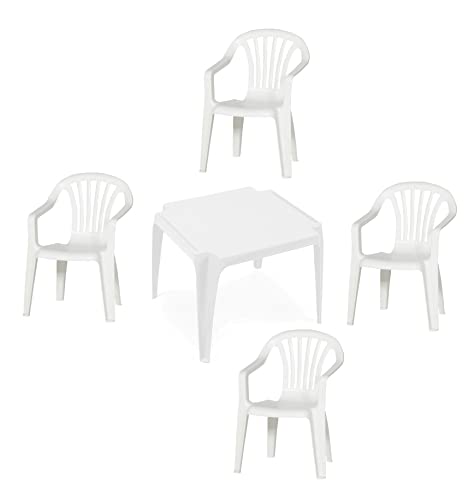 hLine Kinder Garten Sitzgruppe Tisch mit Stühlen Gartenstuhl Sessel (1 Tisch 4 Stühle weiß)