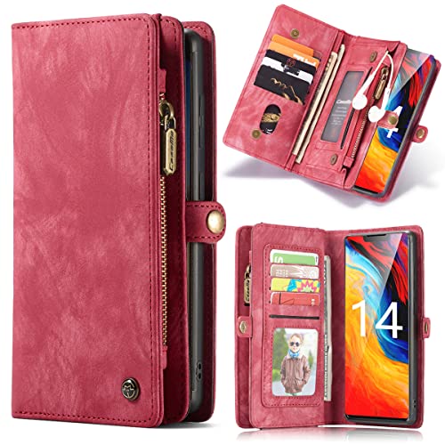 Simicoo Kompatibel mit iPhone 15 Leder Abnehmbare Brieftasche Reißverschluss Hülle mit 11 Kartenfächern Halter Magnetische Hülle Flip Wallet Griff Handschlaufe Tasche Handtasche (Rot)