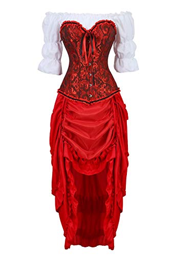 Josamogre Steampunk Corsagenkleid Corsage korsett bustier kleider Kostüm Spitzenrock und Bluse für Karneval Fasching Halloween Rot 3XL
