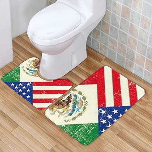 Badezimmerteppich-Set mit mexikanischer amerikanischer Flagge, bedruckter Flanell, rutschfest, saugfähig, Badezimmerteppich, WC, U-förmiger Konturteppich, 2 Stück