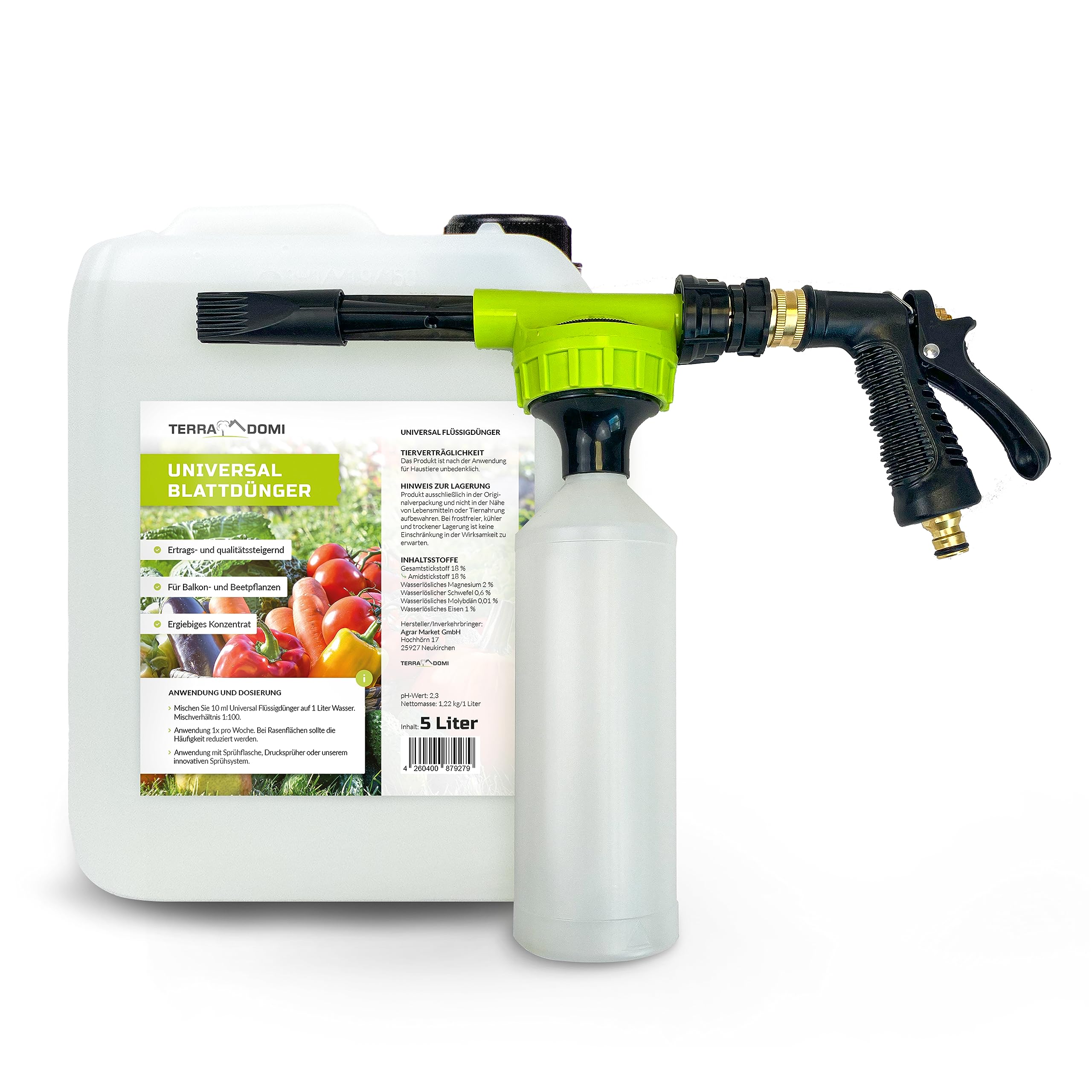 TerraDomi Blattdünger 5 Liter Universal + Sprühsystem | Konzentrat für Rasen, Gemüse und Beete | Spezialdünger mit wichtigen Mikronährstoffen | Für Pflanzen und Rasen im Außenbereich