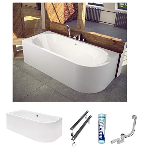 ECOLAM Badewanne Wanne Eckwanne Eckbadewanne für Zwei Modern Design Acryl weiß Avita 150x75 cm LINKS + Schürze Ablaufgarnitur Ab- und Überlauf Automatik Füße Silikon Komplett-Set