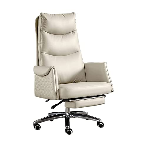 PLJKIHED Chefsessel aus echtem Leder, Chef-Bürostuhl, ergonomischer Heimstuhl, vollständig neigbar, mit Kissen, einziehbarer Fußstütze und Verstellbarer Kopfstütze (Grau: gebrochenes Weiß) Stabilize