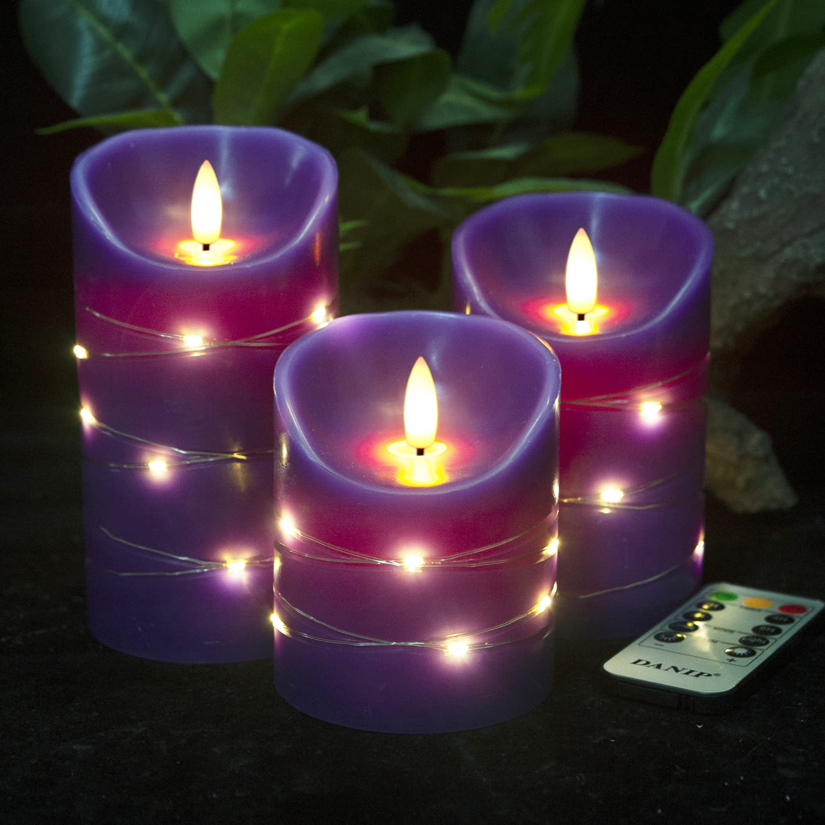 DANIP Lila LED-Kerze Eingebaute Sternkette 3 Kerzen mit 11-Tasten-Fernbedienung 24-Stunden-Timer Tanzende Flamme Echtwachs batteriebetrieben.