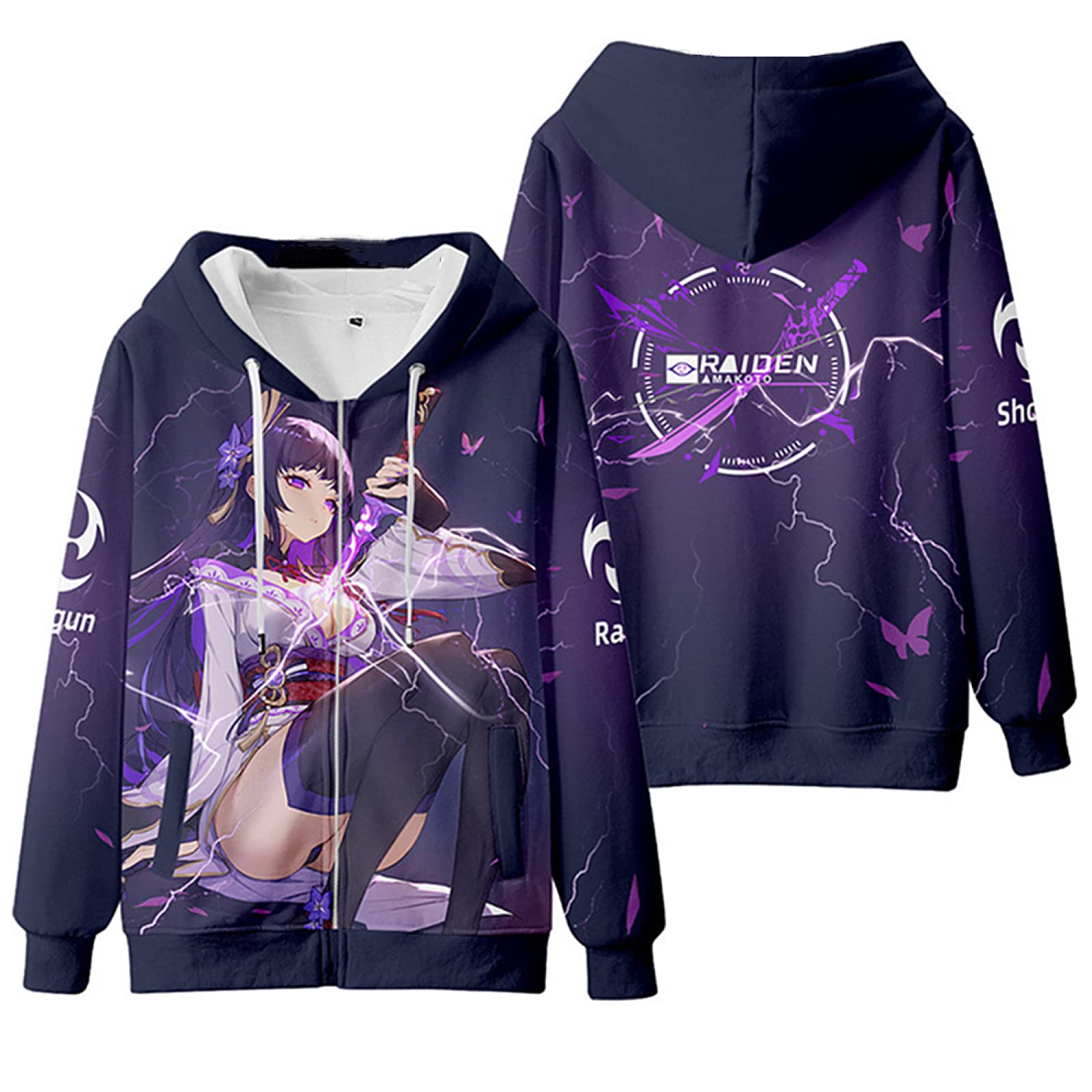 Game Genshin Impact Cosplay Raiden Shogun Hoodie, 2022 3D Druck Reißverschluss Sweatshirt für Genshin Impact Fans, Lila 3, L