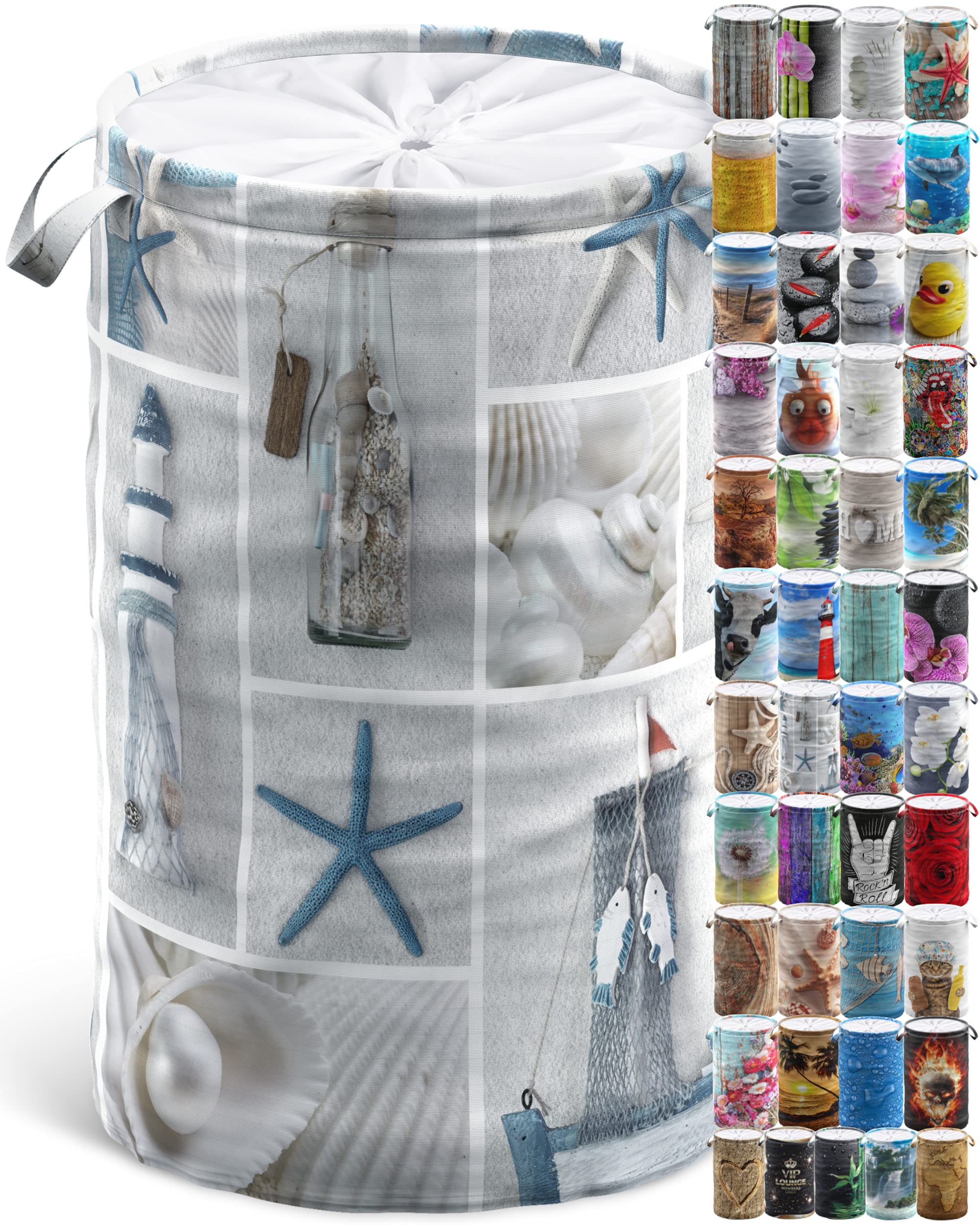 Sanilo Wäschekorb faltbar, stabiler runder Wäschesammler 60 Liter, Wäschesack mit Griffen und Abdeckung (Meeresbrise)