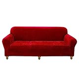 OQHAIR Stretch-Samt Sofaüberwurf für 3-Kissen-Couchbezüge weich rutschfest Sofa überzug Maschinenwaschbarer Möbelschutz -Rot-3 Seater