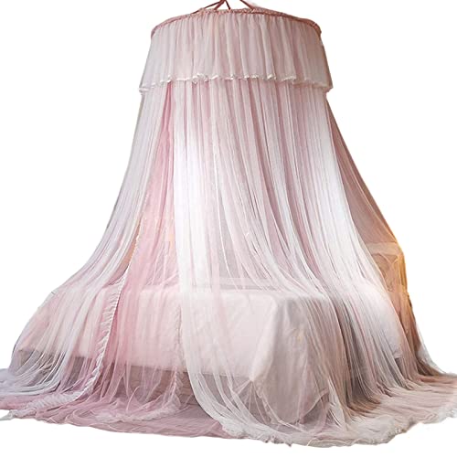 tinysiry Canopy Hanging Bed Curtains, Double Layers Round Dome Princess Bed Canopy, Mesh Lace Girl Bedroom Bed Canopy Net Decoration Rosa m 1