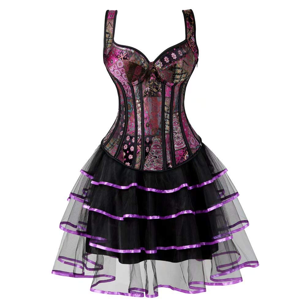 Josamogre Korsett Kleid Corsette Damen Corsagenkleid Vollbrust Träger Reißverschluss Schnüren Sexy Violett S