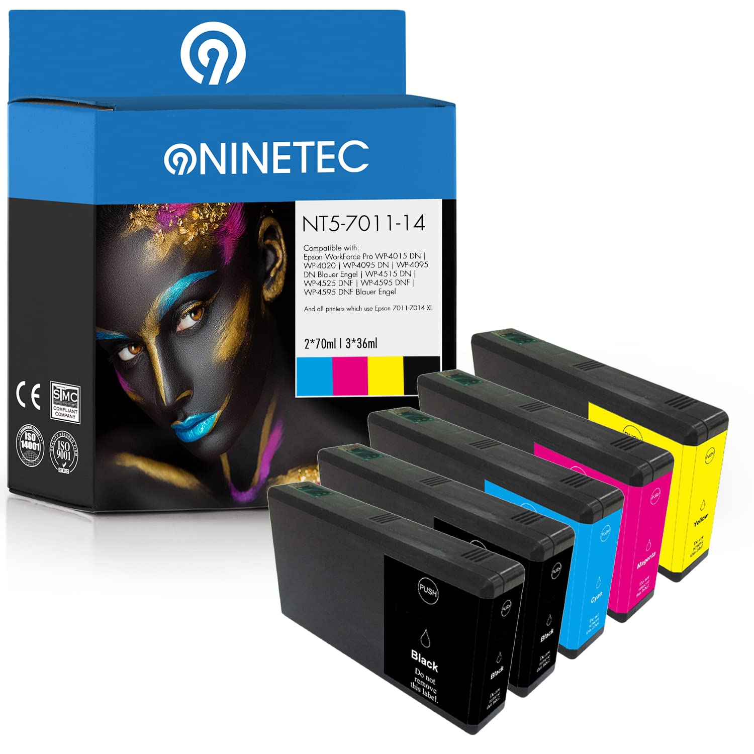NINETEC NT5-7015 5er Set Patronen kompatibel mit Epson T7011 T7012 T7013 T7014 | Für Epson Workforce Pro WP-4020 WP-4015 DN WP-4095 DN WP-4095 DN WP-4515 DN WP-4525 DNF WP-4595 DNF WP-4595 DNF