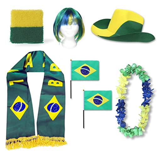 Sonia Originelli Fan-Paket Brasilien Brasil Brazil WM EM Fußball Schal Hawaiikette Hut Schweissband Fahne Perücke