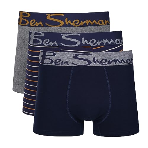 Herren Ben Sherman Boxershorts in Blau/Gestreift/Grau | Trunks aus weicher Baumwolle mit elastischem Bund | Bequeme und atmungsaktive Unterwäsche - Dreierpack