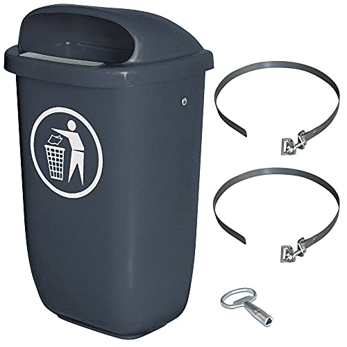 Abfall-Behälter für den Außenbereich, Inhalt 50 Liter, nach DIN 30713 im Komplettset mit Schellenband zur Pfahlbefestigung