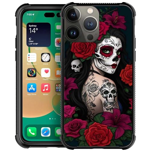 Goodsprout Kompatibel mit iPhone 14 Hülle, Lady Rose Skull Amazing Pattern Design Shockproof Anti-Scratch Hard PC Back Case for iPhone 14