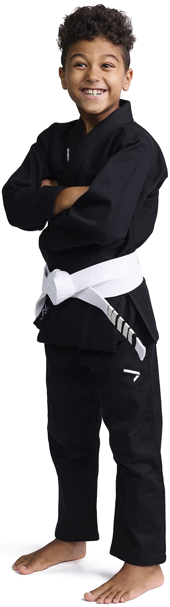 IPPONGEAR Brazilian Jiu Jitsu Kinder/Einsteiger Anzug inkl weißem Gürtel [M00 I Pearl-Weave Material I 350gr/m² Stoffdichte I Reißfest] schwarz