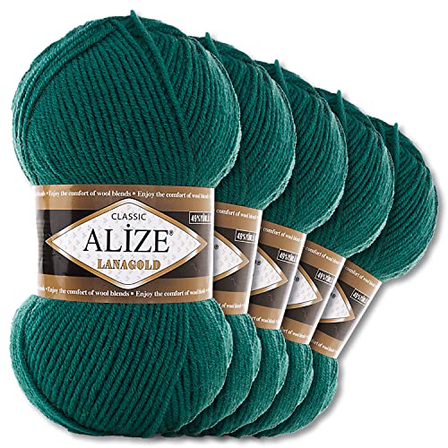 Alize 5 x 100 g Lanagold Wolle | 53 Auswahl | Stricken Häkeln Wolle (507 | Flaschengrün)