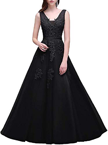Romantic-Fashion Damen Ballkleid Abendkleid Brautkleid Lang Modell E001-E006 Blütenapplikationen Tüll DE Schwarz Größe 44