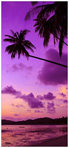 Wallario Selbstklebende Türtapete Sonnenuntergang unter Palmen Himmel in lila und orange - 93 x 205 cm Abwischbar, rückstandsfrei zu entfernen