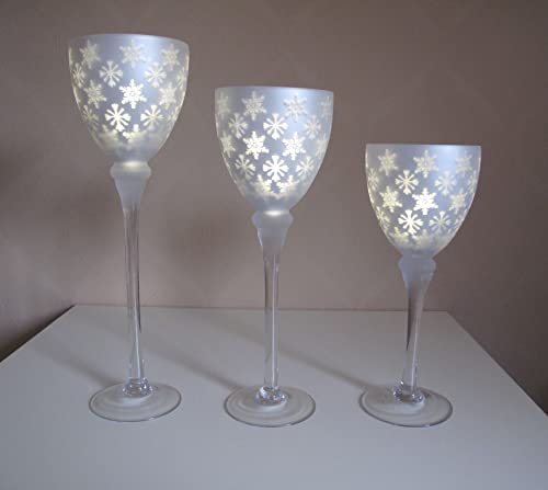 3tlg. Glaskelch Glaskelche Windlicht Set H30,35 + 40 cm mit Schneeflocken und Eiskristallen Kerzenhalter Kerzenleuchter Kerzenständer (Silber)