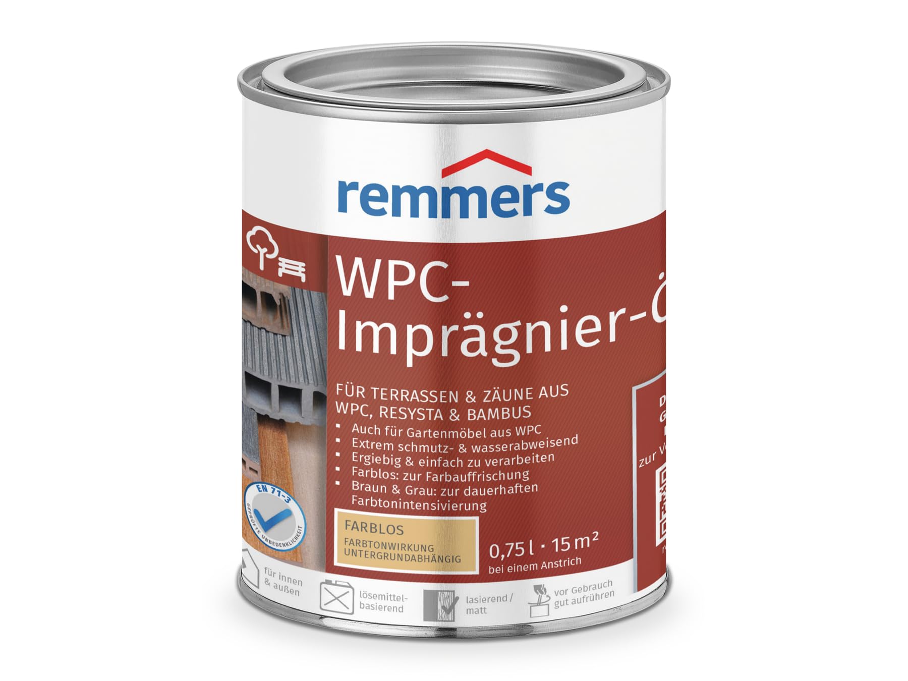 Remmers WPC-Imprägnier-Öl farblos, 0,75 Liter, WPC Öl für innen und außen, für Terrassen, Zäune oder Gartenmöbel aus WPC, Resysta und Bambus geeignet