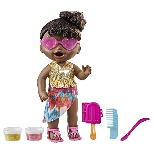 Baby Alive Sunshine Snacks Puppe essen und Poops Sommer Wasserspiel Baby Puppe Ice Pop Form Spielzeug für Kinder ab 3 Jahren, schwarzes Haar