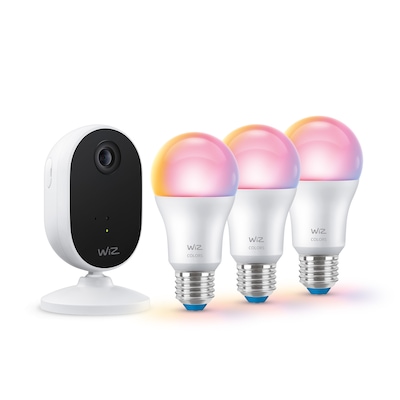WiZ Sicherheitskamera Starter Set inkl. Tunable White & Color Lampen für den Innenbereich, Bewegungs- und Geräuscherkennung, Vollduplex-Audio, Nachtsicht, smarte Steuerung per App und über WLAN, weiß