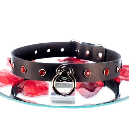 SiaLinda: Halsband Nr. 13 rot 8 Straß Kristalle und großem O-Ring 20mm, echt Leder schwarz