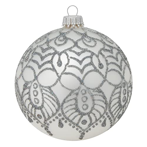 Krebs Glas Lauscha - Weihnachtsdekoration/Christbaumschmuck aus Glas - Weihnachtskugeln - Motiv: Silber matt mit Arabeske - Größe: 4 mal 10cm