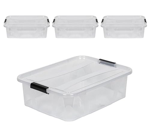 Kreher® XL Aufbewahrungsboxen mit Deckel aus Lebensmittel-geeignetem Kunststoff in Transparent. Stapelbare Lagerboxen für Haushalt, Garage, Industrie (21 Liter, 4er Set)