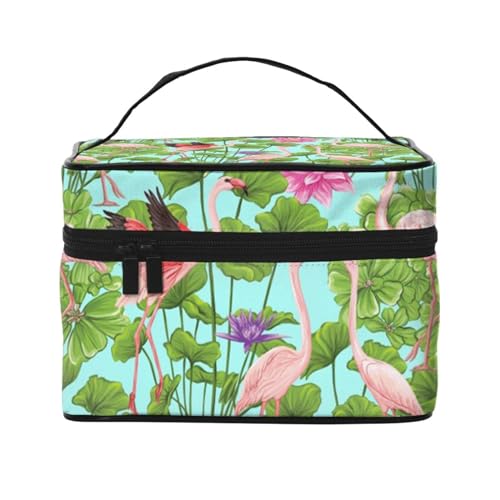 Reise-Make-up-Tasche mit Lotusblumen-Motiv, tragbare Kosmetiktasche für Damen und Mädchen, stilvoll und geräumig, Flamingo Love Flowers, Einheitsgröße