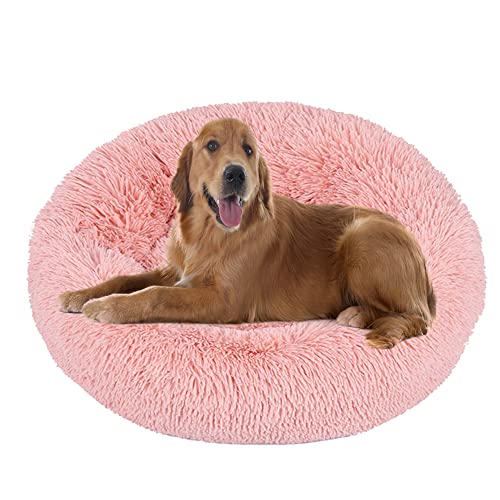 Donut Hundebett, beruhigendes Hundebett, rundes Hundekissen, weich, flauschig, Plüsch, Linderung von Angstzuständen, Kuschelkissen, rutschfeste Unterseite, maschinenwaschbar, 60 x 60 x 20 cm, Rosa