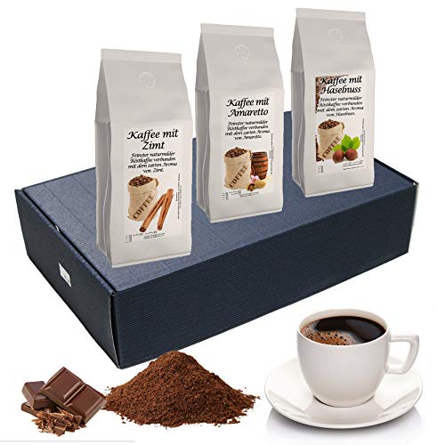 Geschenk Set Aromatisierter Kaffee Ganze Bohne 200 g, 3 Sorten (Zimt, Amaretto, Haselnuss)